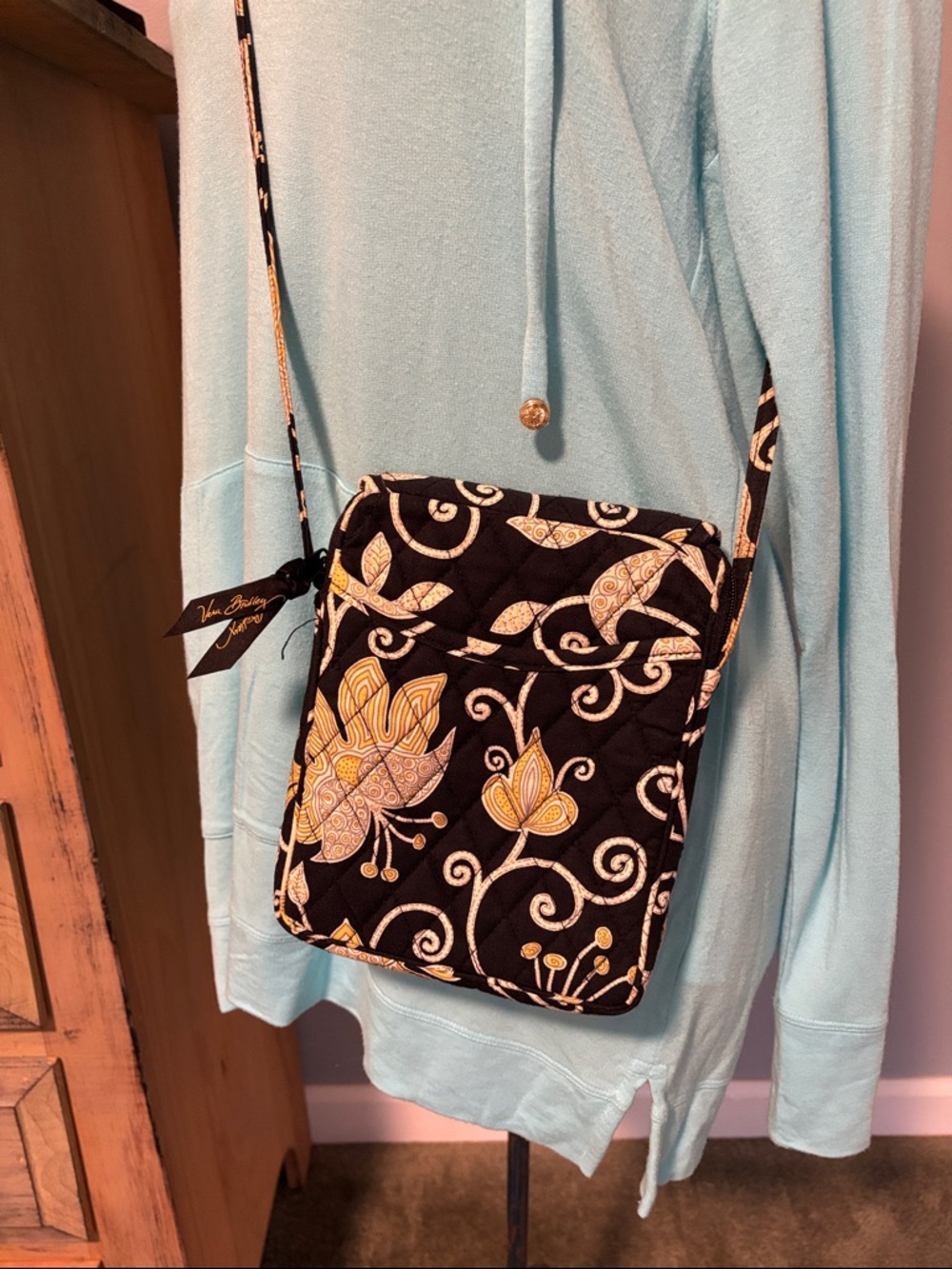 Vera Bradley Mini Hipster Yellow Bird Black and Gold Floral Crossbody Bag